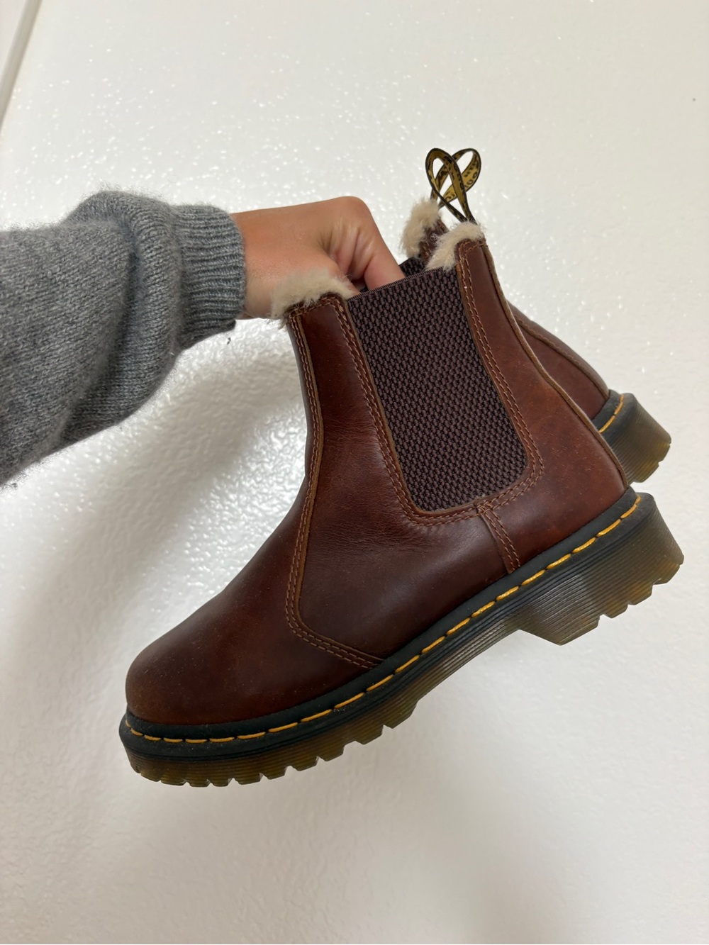 Dr. Martens Brown Leather Chelsea Ankle Boots with Shearling Trim